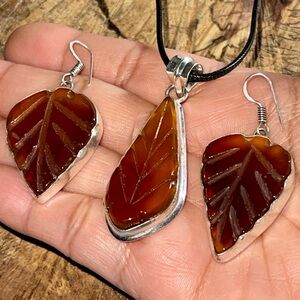 Carved Orange Brown Chalcedony Pendant & Earrings